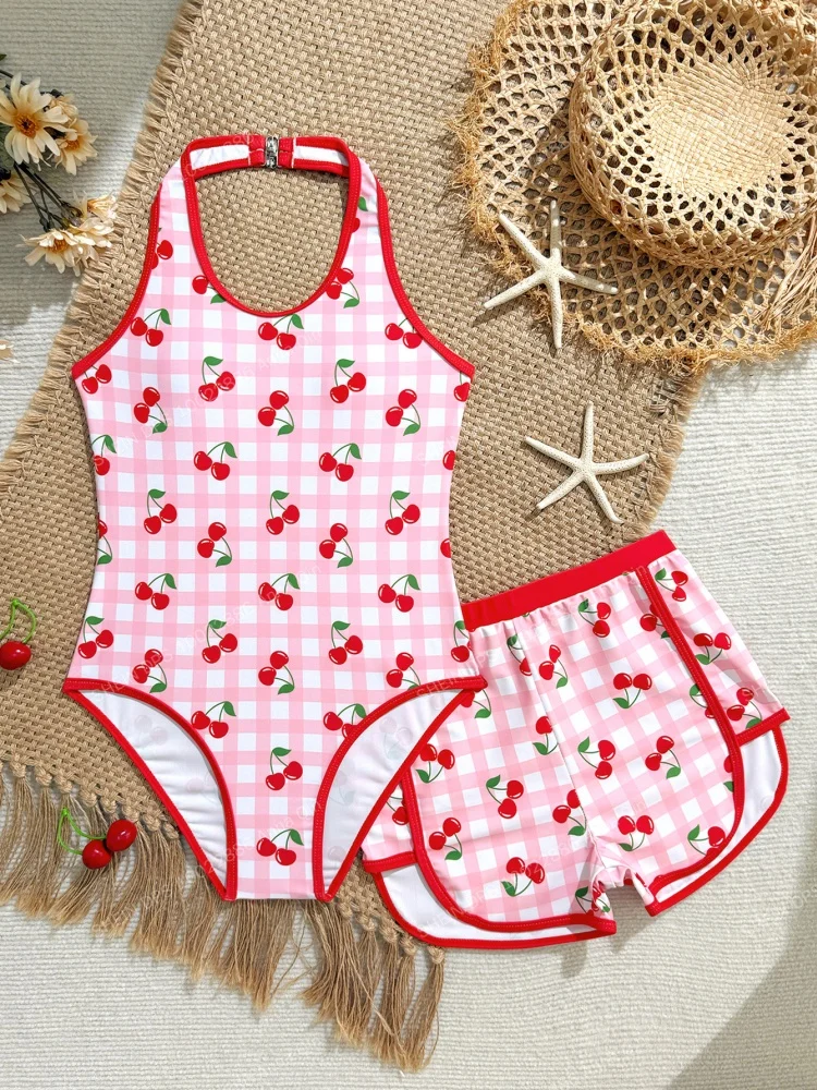 Girls Kids One Piece Swimsuit 2026 New Pink Red Cherry Halter Children Swimwear Summer Shorts Two Piece Beachwear Bathing Suits