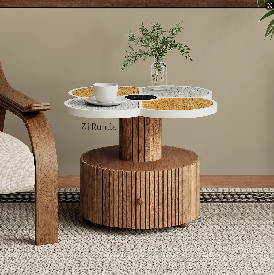 Unique four-leaf clover side table - modern design solid wood base adjustable height storage living room bedroom small space