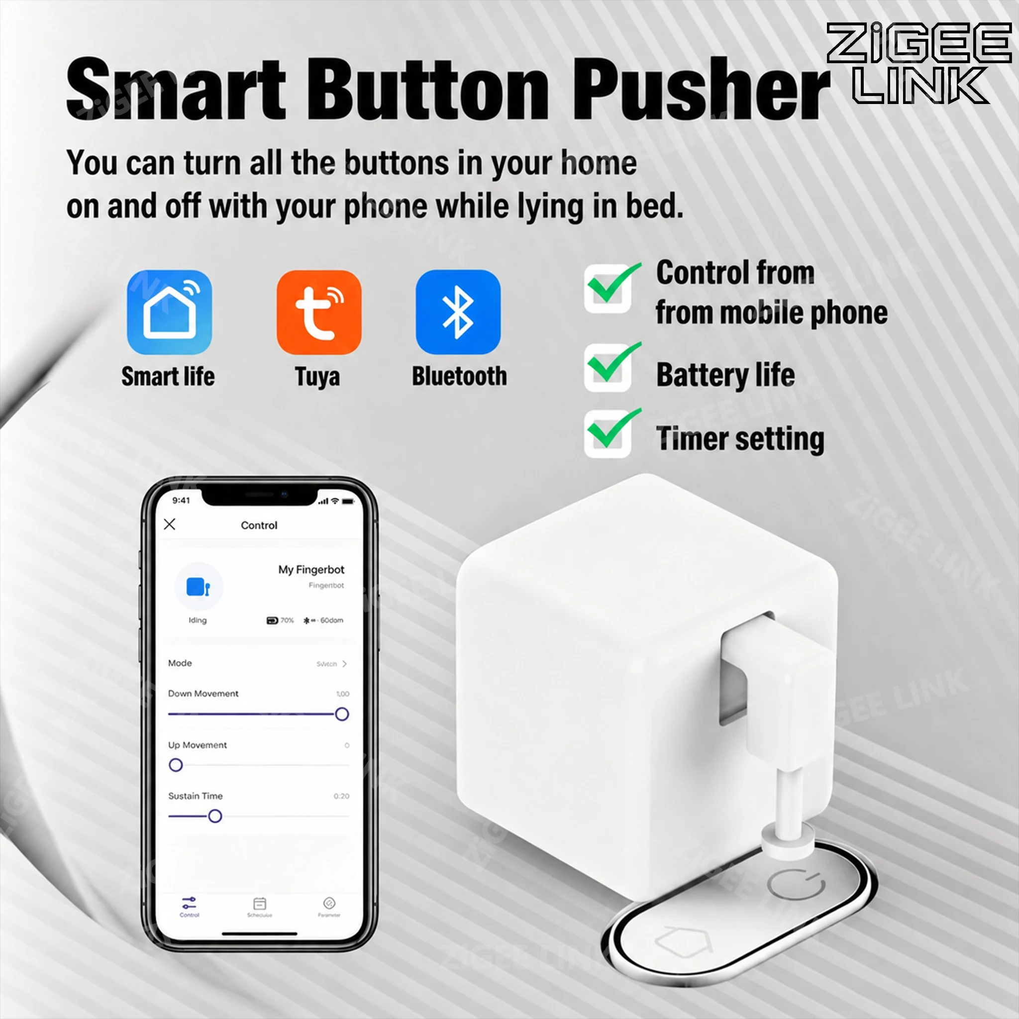 Interruptor Bluetooth Smart Fingerbot para Cortinas de Garagem Tuya, Botão Robô Empurrador, Assistente de Voz para Alexa Google Home