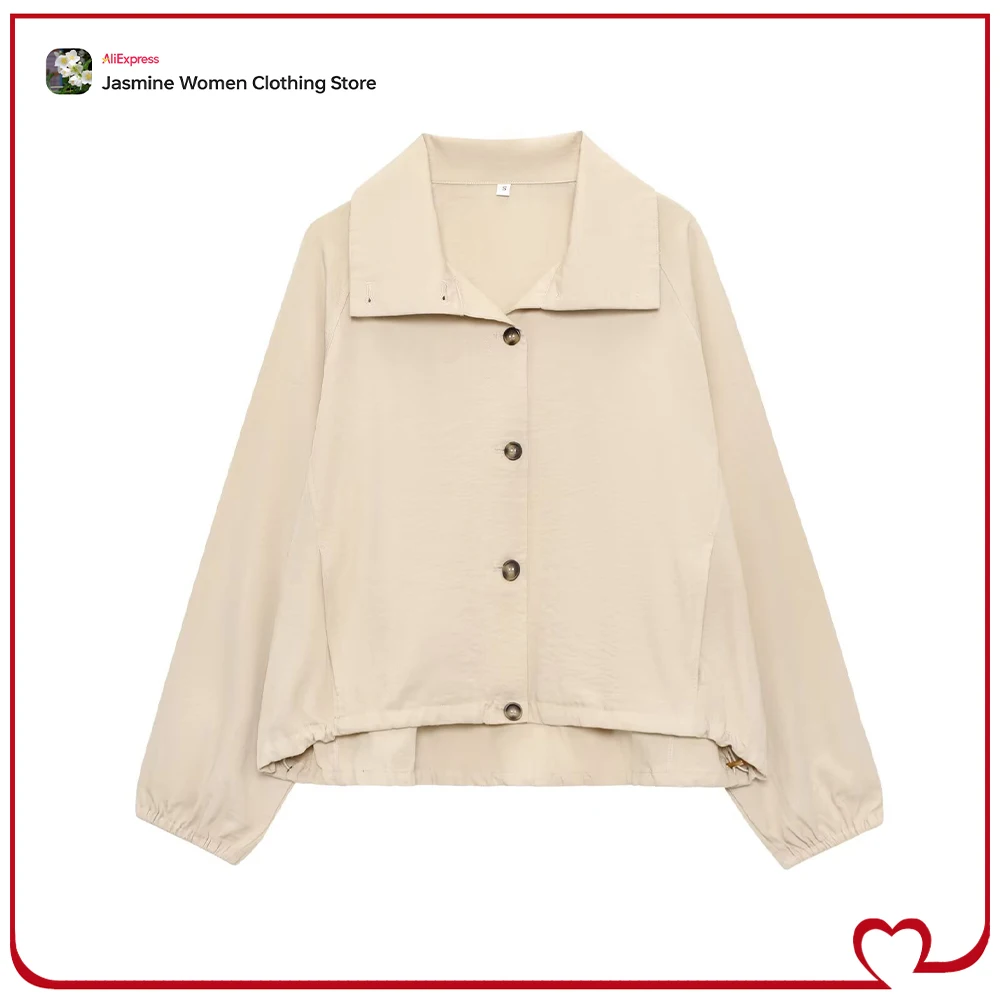 

Women Light Sand High Neck Linen Blend Bomber Jacket New in Stylish Laple Collar and Long Sleeves Jacket High Street Casual Coat