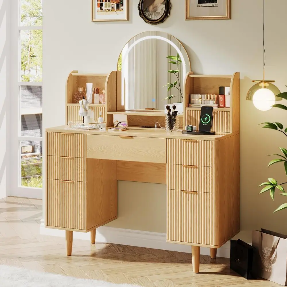 

Elegant Oak Makeup Vanity Desk with Mirror, Lights, and Storage Drawers for Bedroom