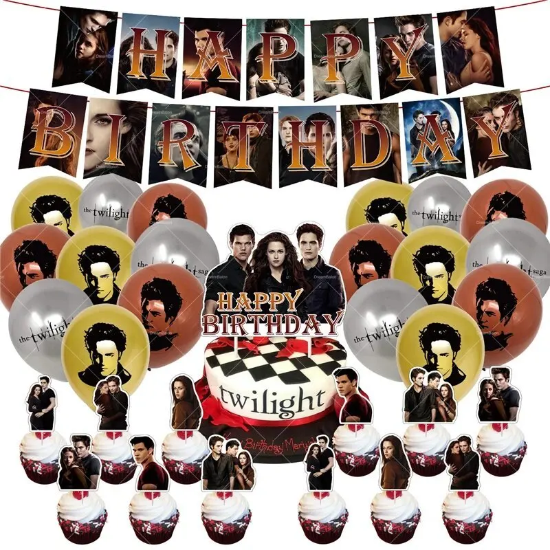 Fantasy Movie Twilight Balloons Happy Birthday Banner Party Decoration Vampire Werewolf Ballons Cupcake Topper Fan Favorite Gift