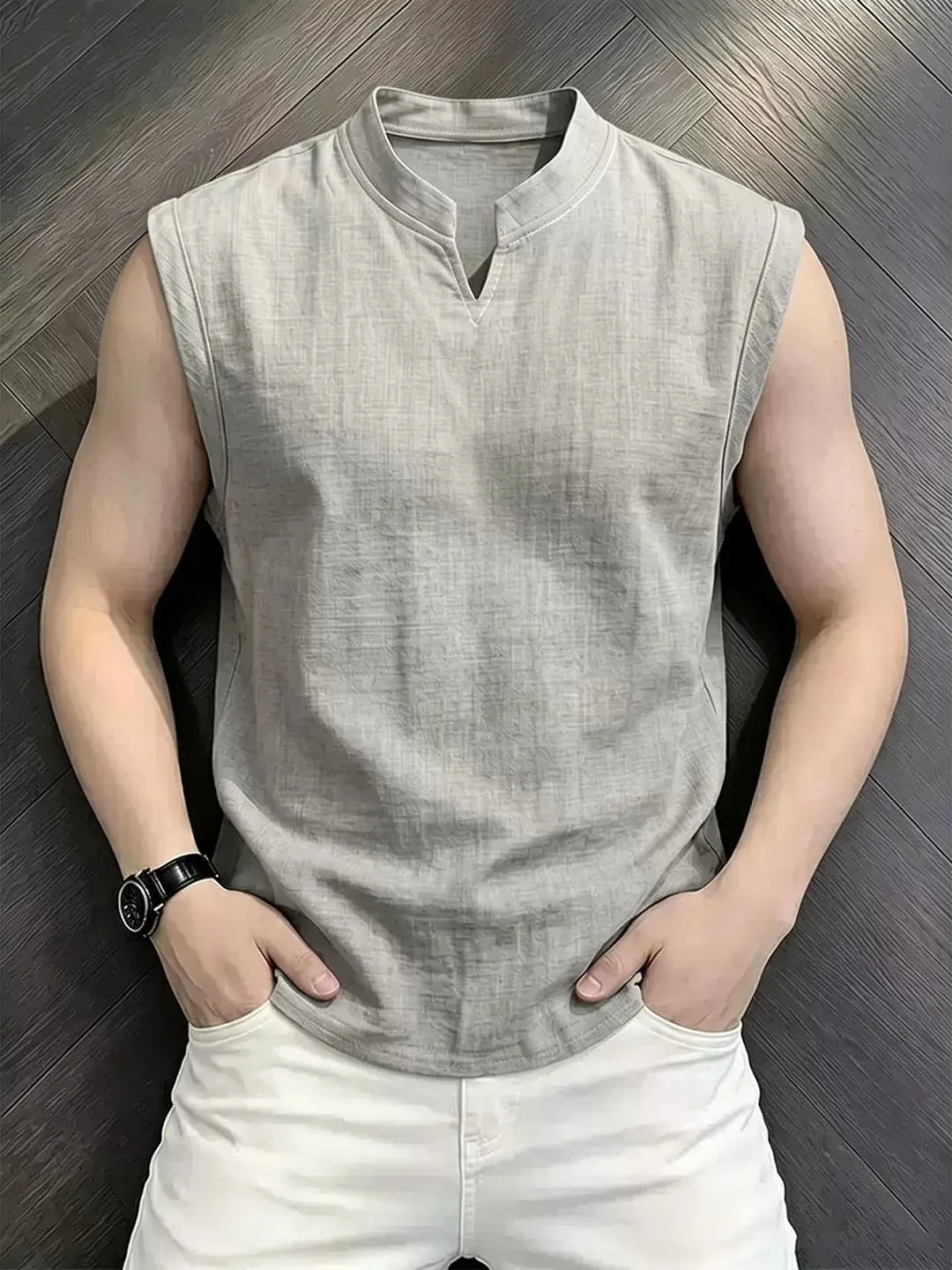 Men's V-neck Linen-like Vest Summer Thin Quick-drying Breathable Sleeveless T-shirt Fitness Sport Sweatshirt Shoulder Pad