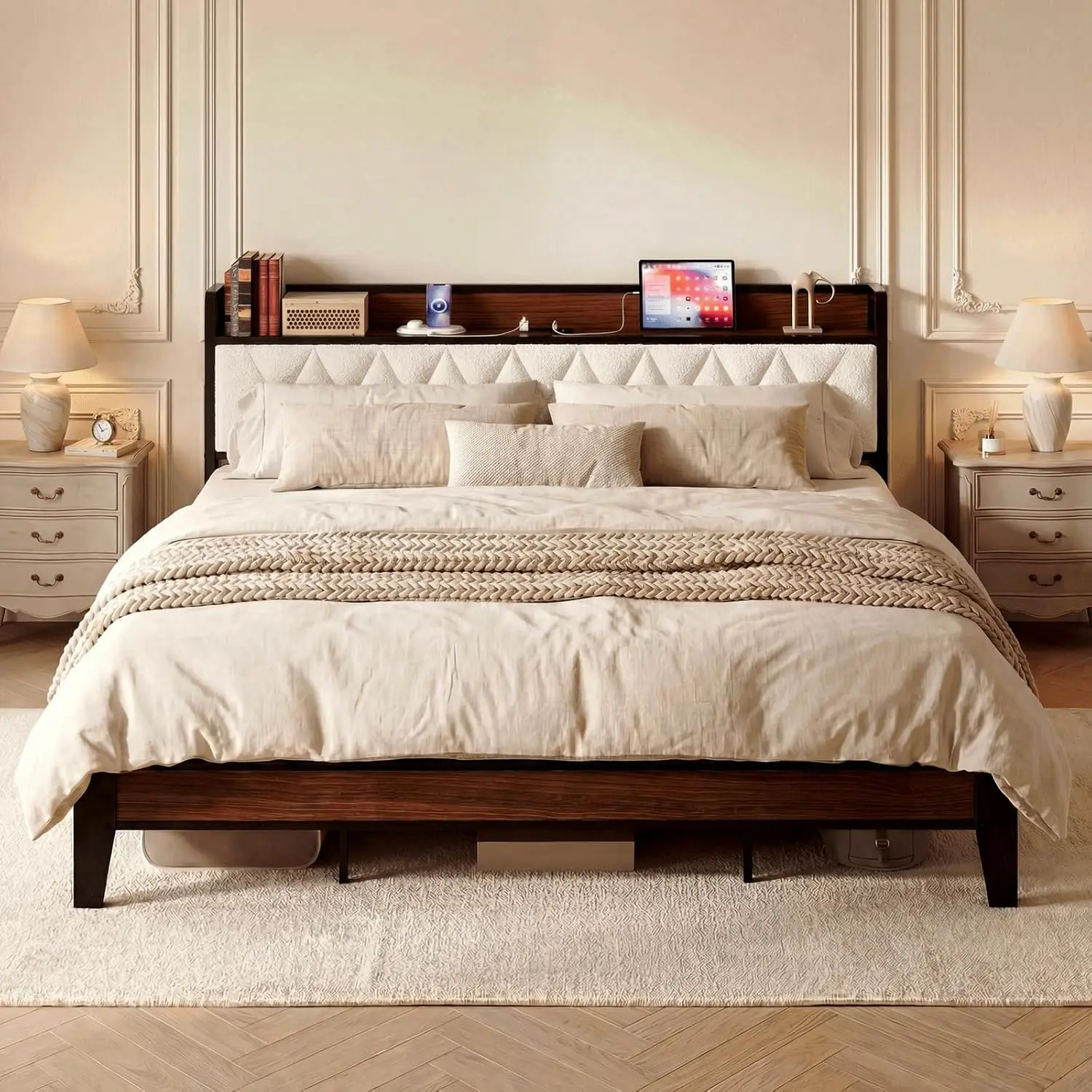 California King Bed Frame with Storage Headboard & Charging Station, Metal Support, Noise Free, No Box Spring, Walnut, Customize