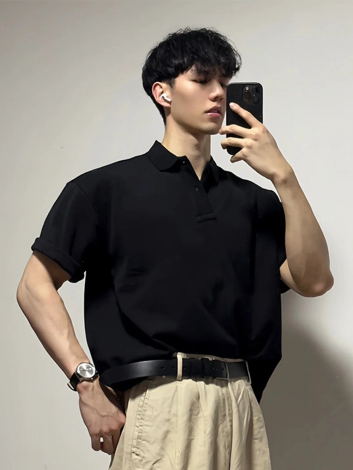 

Мужская вязаная футболка из чистого хлопка с отложным воротником, повседневная, плотная, в американском стиле