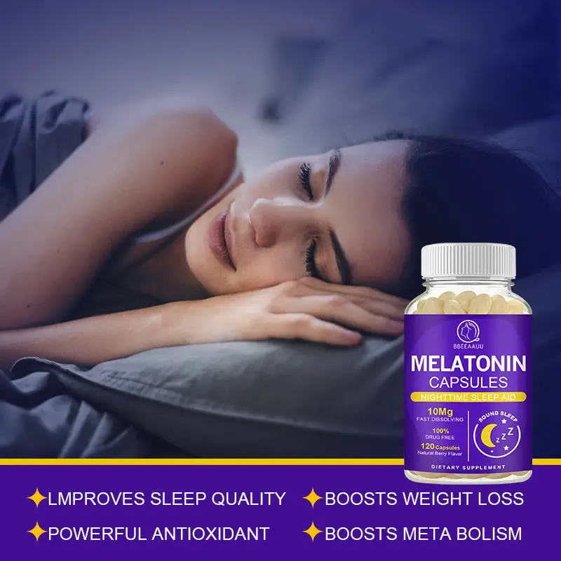 BBEEAAUU 10Mg Melatonin Capsules for Sleep Adult Insomnia Relax the Brain Deep Sleep Adjust Sleep Time Better Sleep