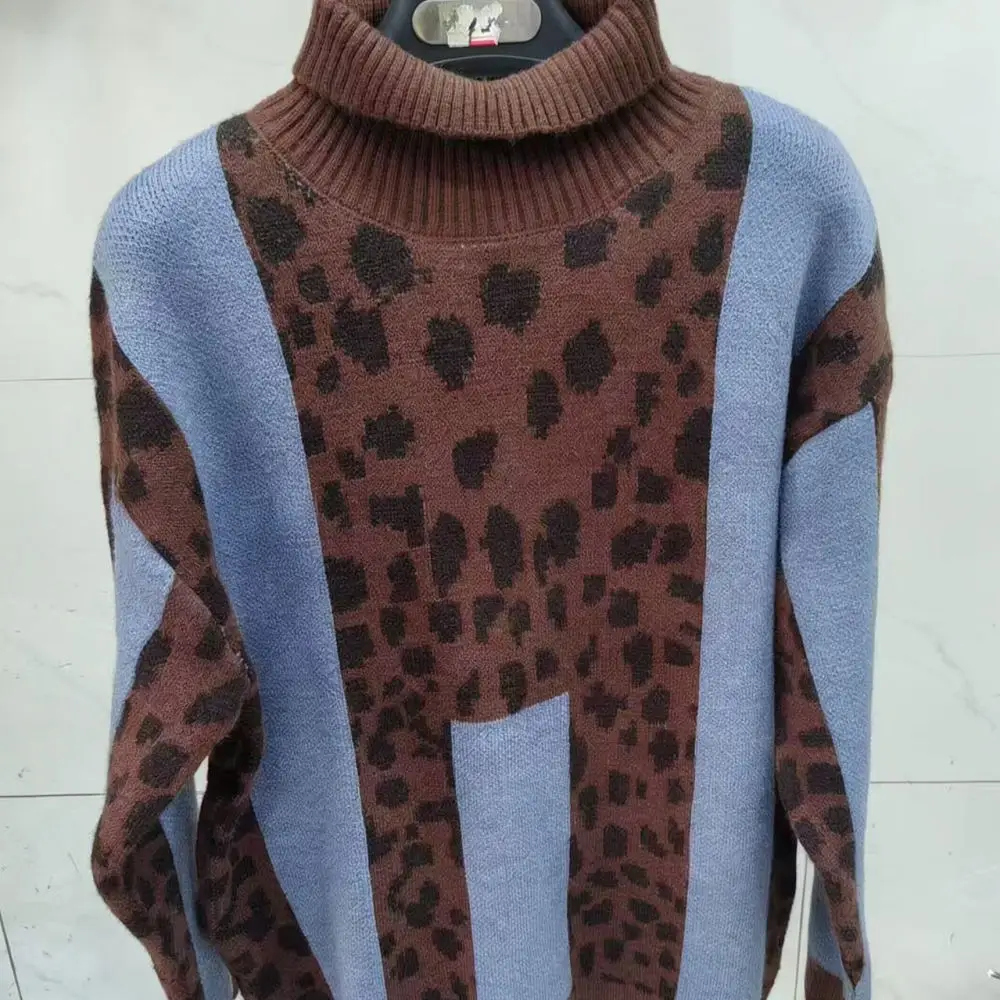 Winter Womens Leopard Pattern Knitted Jumper Loose Fit Turtleneck Pullover Long Sleeve Casual Thick Soft Knitwear Tops