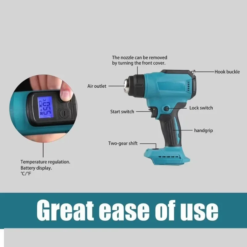 New Digital Display Hot Air Gun 18V Hot Air Blower Wireless High Power LED Display Shrink Wrap Tool Air Dryer Welding No Battery