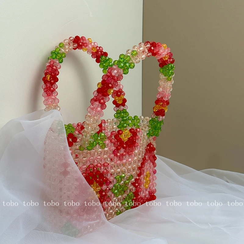 Bolso con cuentas de perlas con patrón de flores, bolso de mano de marca de diseñador, bolso de fiesta hecho a mano, caja de piedra acrílica transparente, moda de verano