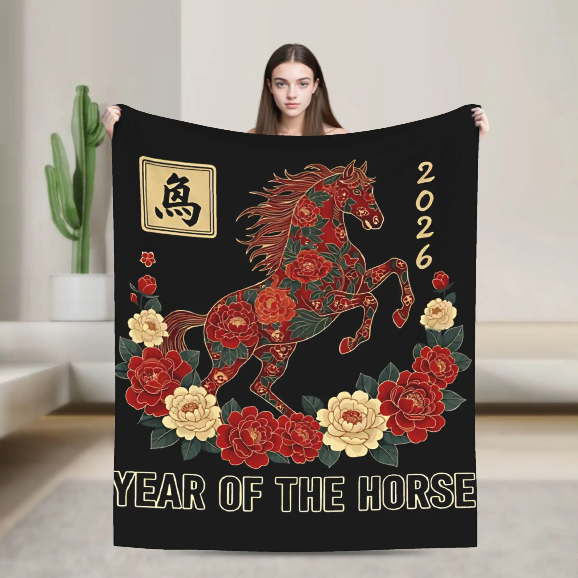 Chinese New Year Year Of The Horse 2026 Chinese Zodiac  Blankets  Fuzzy Funny Warm Throw Blanket for Home Summer,