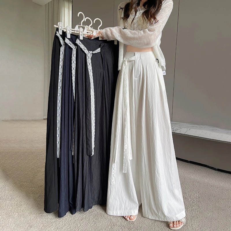 

Lace-up Wide Leg Pants for Women Summer New Silk Loose Casual Pants Harajuku Fashion Bottoms Korean Popular Clothes Baggy Urban