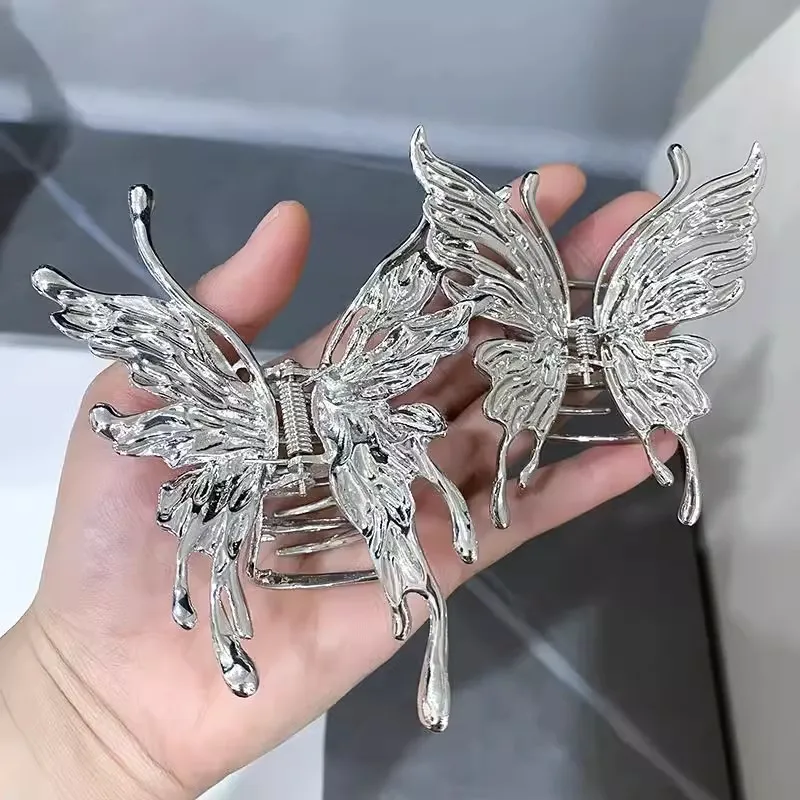 Silver Hollow Butterfly Metal Hair Claw for Women Back Head Hair Clip Cool Delicate Hair Claw Simple Punk Metal Hairpin Headwear