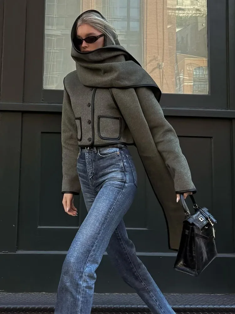 Hh feminino nova moda versátil imitação de couro cachecol casaco curto feminino simples casual único breasted bolso manga longa jaqueta