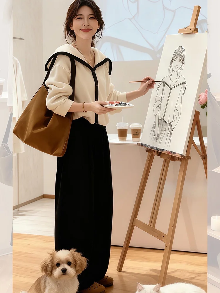 Faionable البحرية طوق اللون بلو سترة المرأة فضفاضة محبوك الأعلى العصرية كسول الراقية الشعور الخريف جديد Sle تريكو