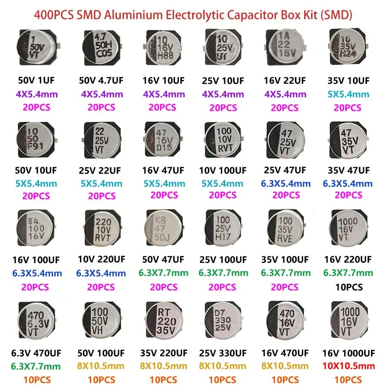 الألومنيوم مكثفات كهربائية SMD مجموعة متنوعة 400 قطعة 24 قيمة SMD 1 فائق التوهج ~ 1000 فائق التوهج 6.3 فولت-50 فولت 24 قيمة مع صندوق