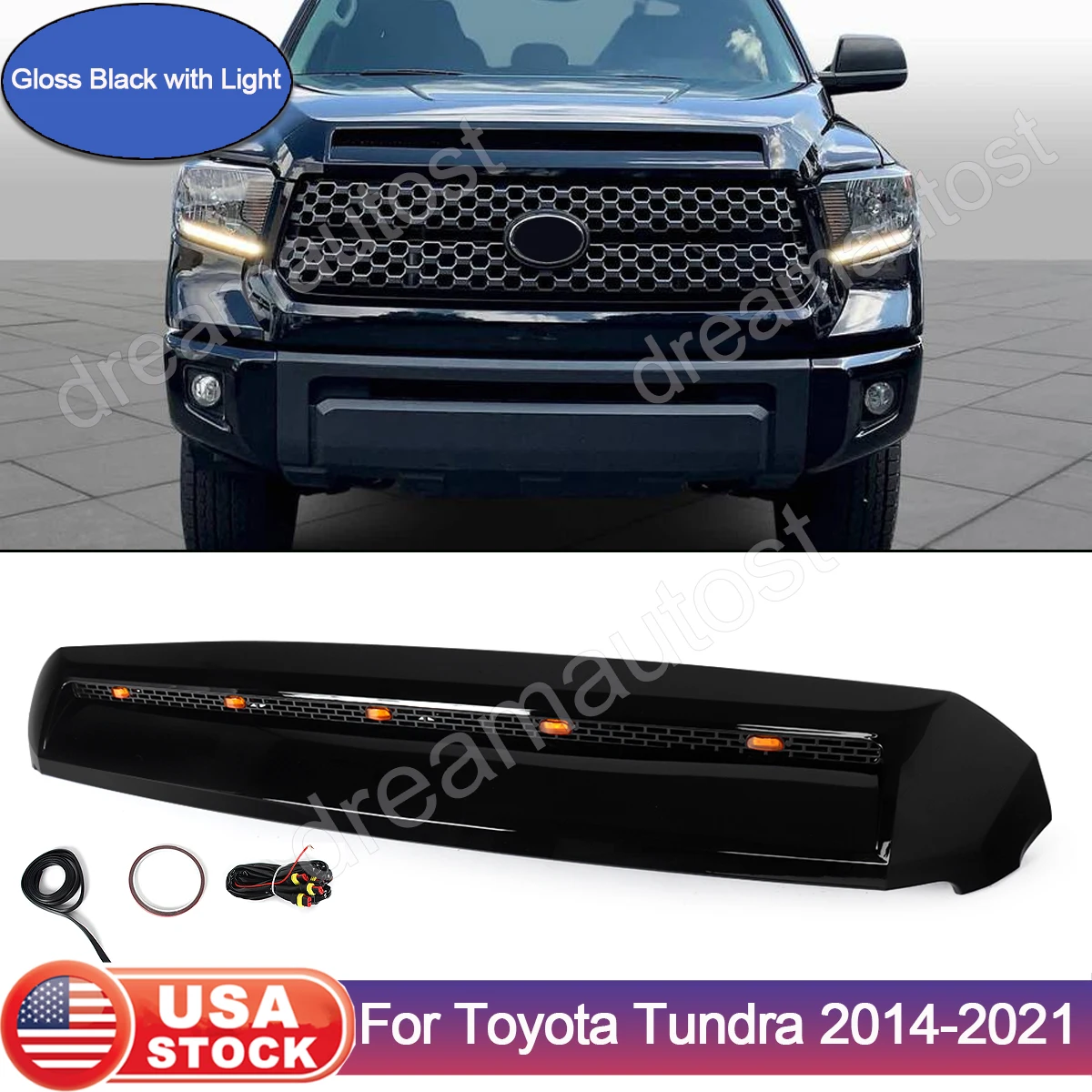 

Fit For Toyota Tundra 2014-2021 Glossy Black Front Upper Hood Bulge Molding Grille Trim with 5 Lights Front Bumper Upper Grille