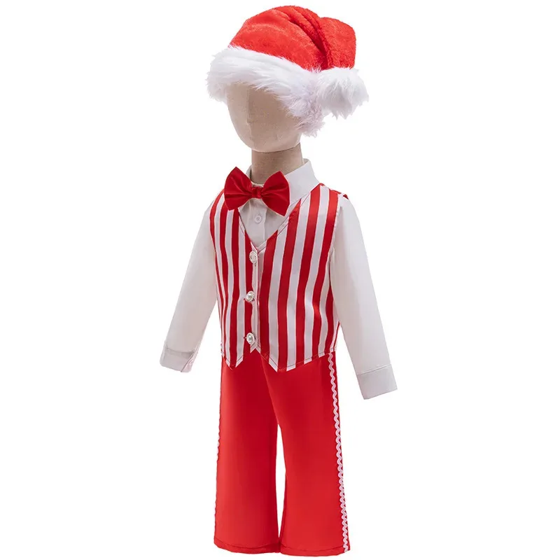 الجديد 0-6 سنوات الصبي عيد الميلاد ملابس الصبي شهم دعوى طويلة الأكمام قميص أبيض مخطط + السراويل قبعة 4PS فستان عيد ميلاد الطفل