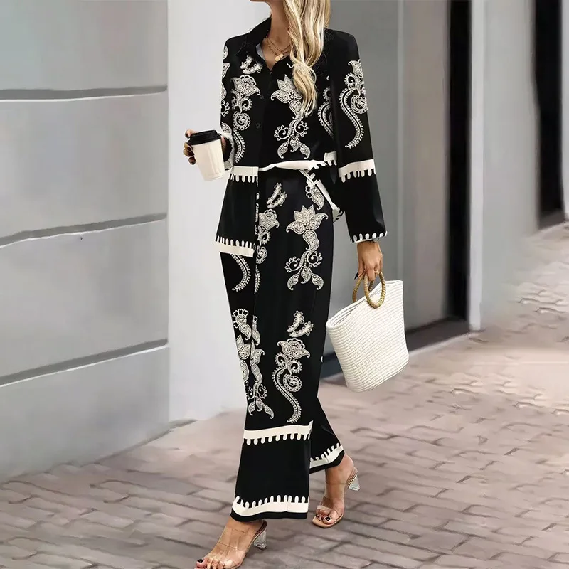 

2025 New Elegant Print Long Sleeve Lapel Shirt + Elastic Waist Trousers Two-Piece Set Spring Summer Women Sets Fashion Suit Tops