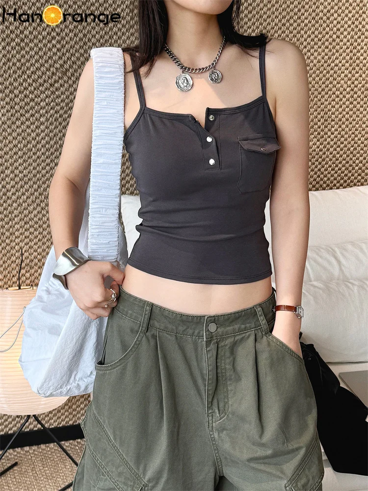 HanOrange 2026 Summer Half Open Button Placket Slim Camisole Women Fake Pocket Sleeveless Top White/Black/Light Gray/Dark Gray