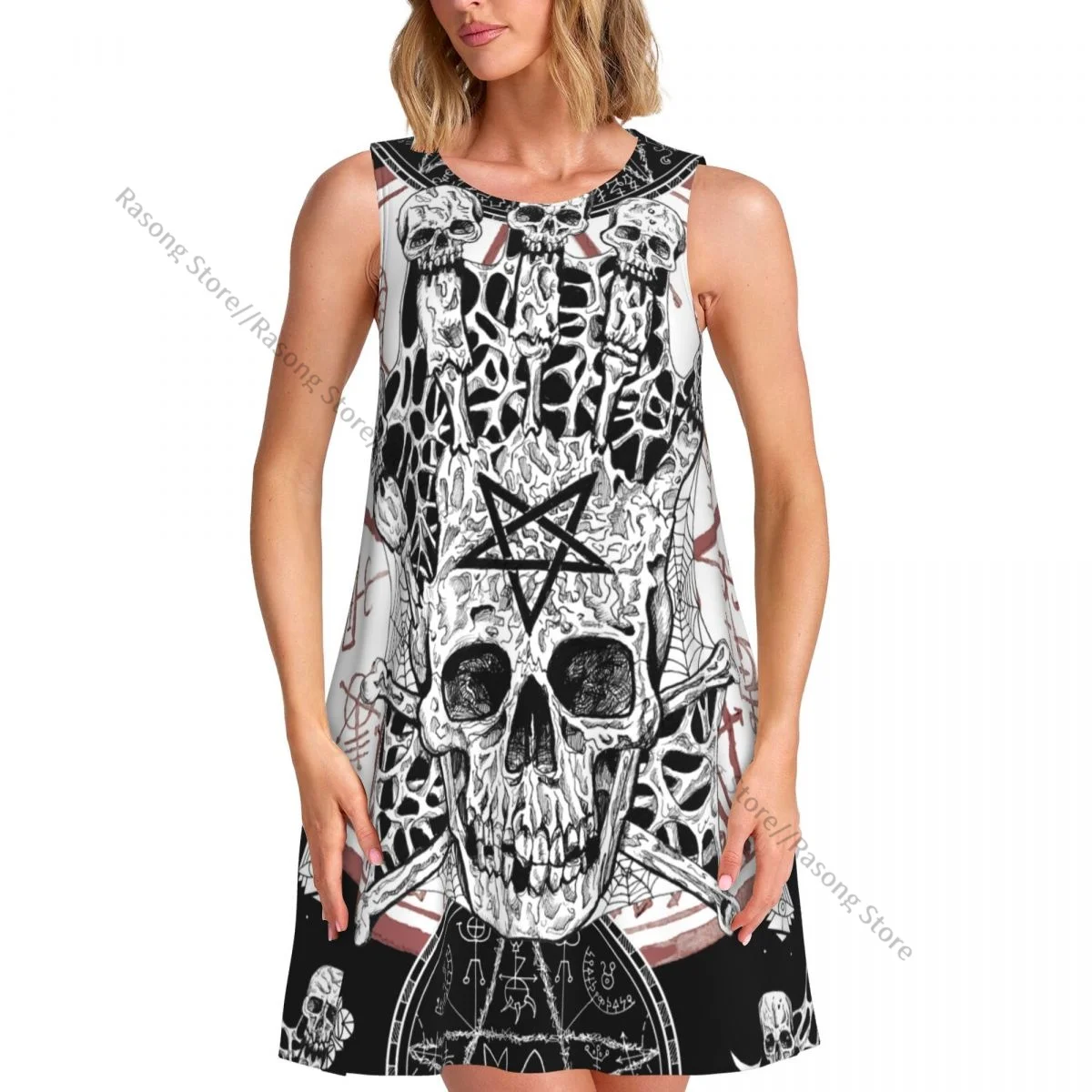 Women's Dress Summer Casual T Shirt Dresses Beach Cover up Evil Skull And Magic Seal With Pentagram Tank Dress