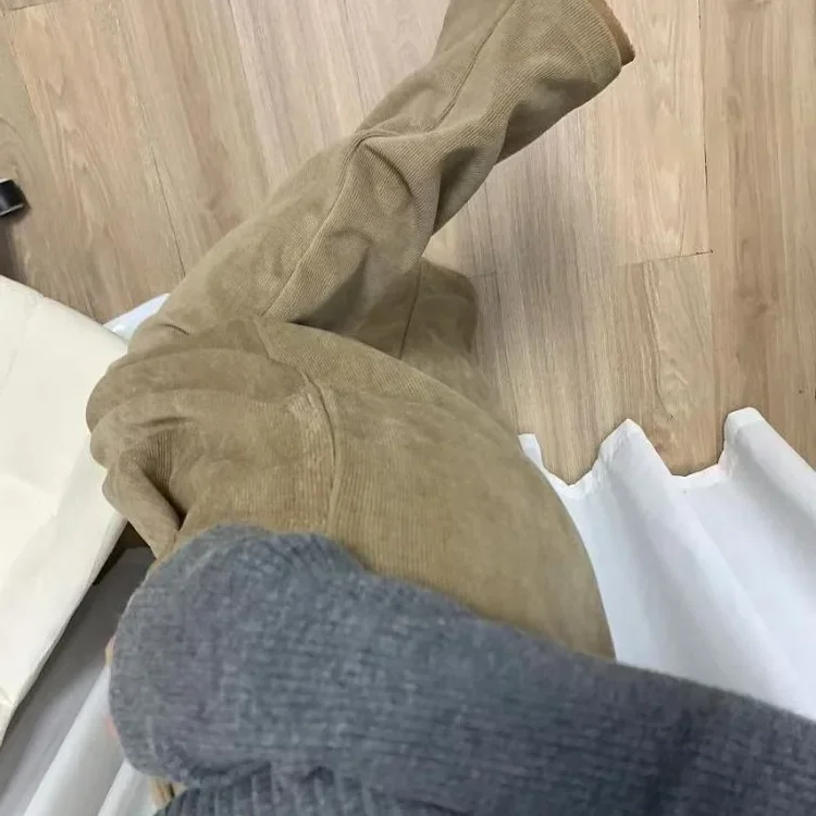 الكاكي بنطال ذو قصة أرجل واسعة المرأة الخريف الشتاء جديد الأمريكية عالية الخصر التخسيس الورك تغطي فضفاض سروال قصير غير رسمي