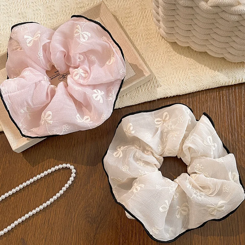 Neue Haargummis für Damen, Schleife, Stickerei, Dickdarm-Haarband, großer Pferdeschwanz, Haargummi, Waldstil, Lederband, Haar-Accessoire