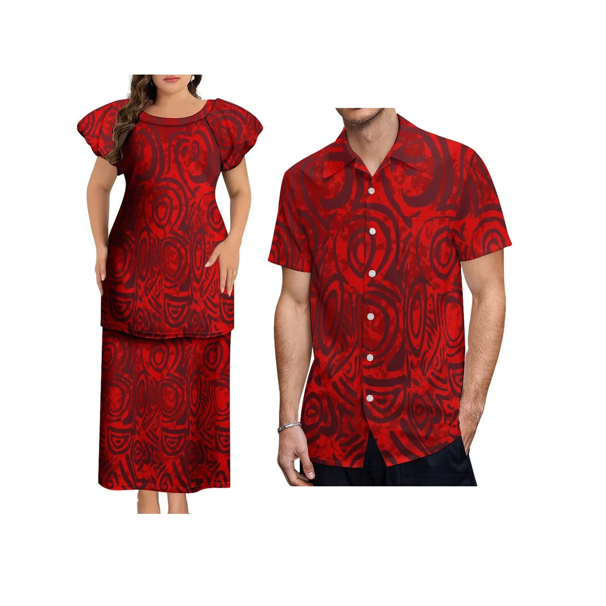

New Wholesale Customized Polynesian Puletasi Dress Plus Size Crew Neck Dress Womens Tops and Skirts Two Pcs