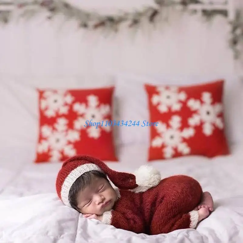 2 Pcs/Set Knitted Jumpsuit Long Tail Christmas Turban Beanie Cap Baby Boy Girl Romper Hat Set Newborn Photography Props