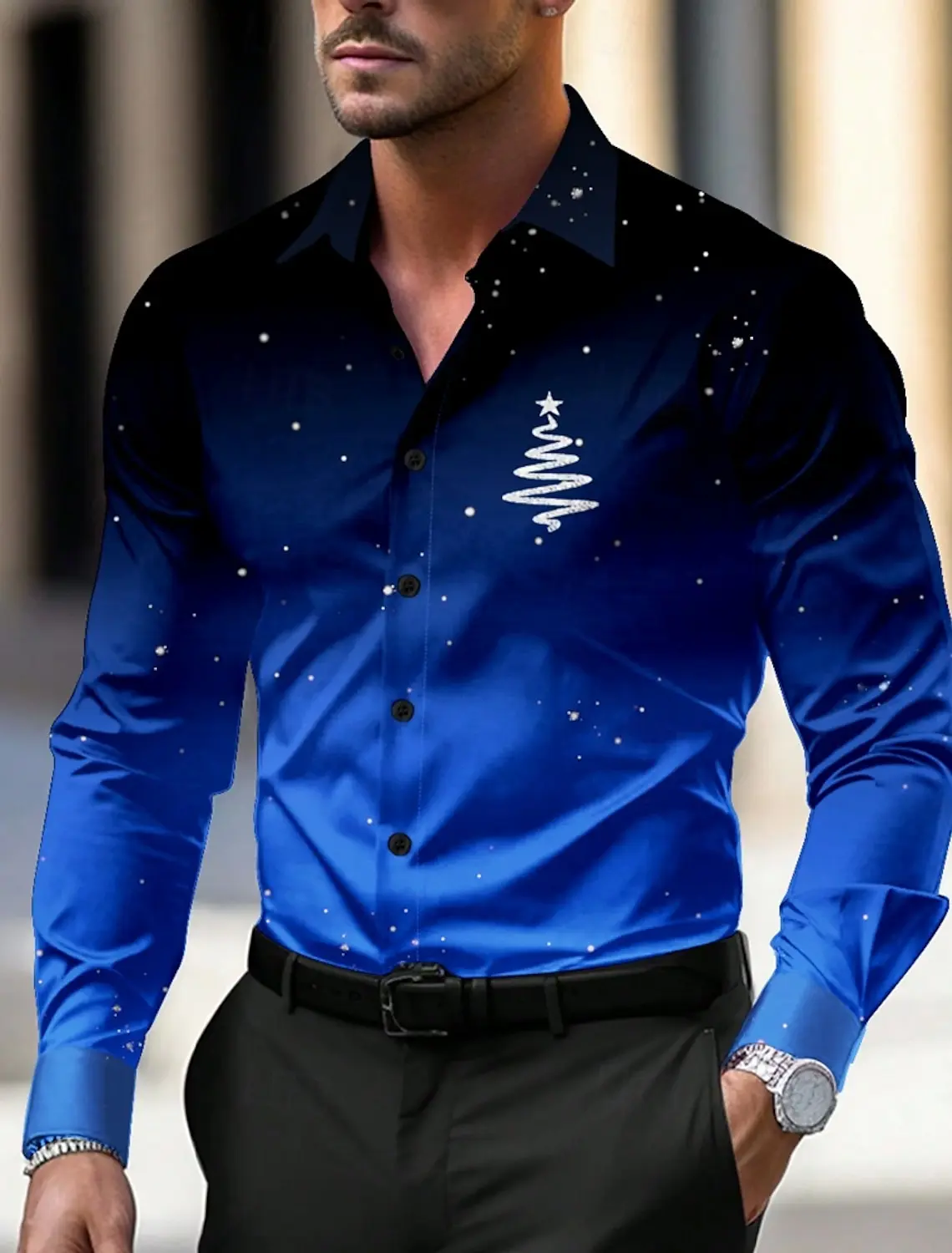 Christmas Theme Men\'s Christmas Trees Logo Printed Shirts Snowflake Gradient Graphics Button Up Long Sleeve Shirts Fashion Tops