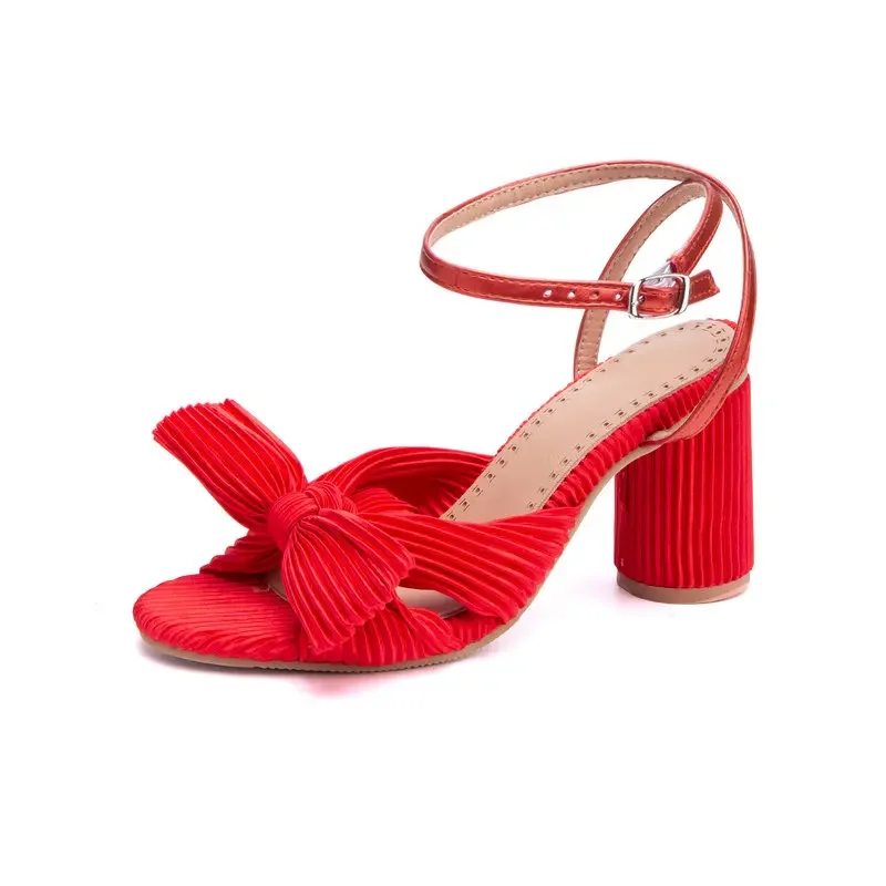 Extra Big Size 51 52 53 54 Pleated Satin Fabric Open Toe Sexy Party Round High Heels Bright Purple Gold Pink Women Sandals M-128