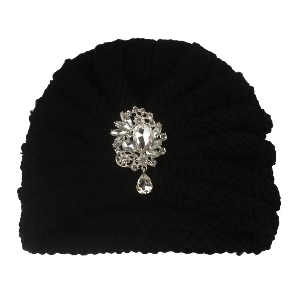 Handmade malha listrado Beanie Caps para bebê meninas, brilhando strass chapéus, acessórios de cabelo para criança, foto adereços, bonito, 1pc