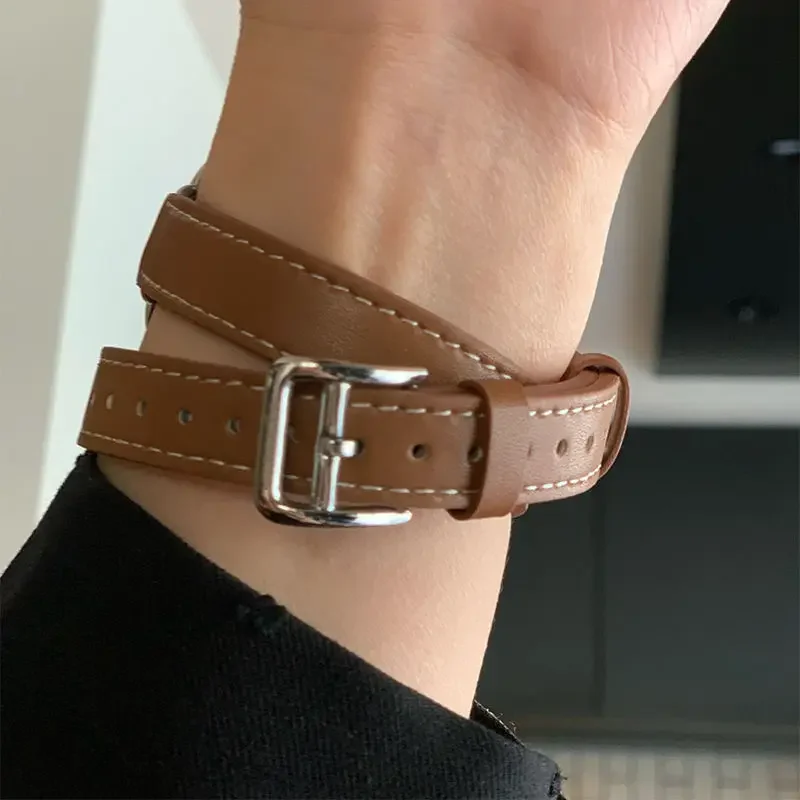 Leather Double Loop Bracelet Belt For Apple Watch Band 38mm 40mm 41mm 42mm 44mm 45mm 49mm Extra-long Strap for iWatch Series