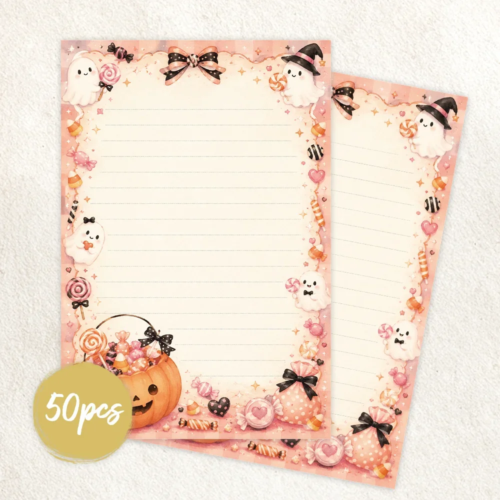 50 Sheets,  Pink Girl Candy Ghost Halloween Themed Writing Paper, Lined, GlueFree, Perfect for Notebooks, Memos, and Stickers