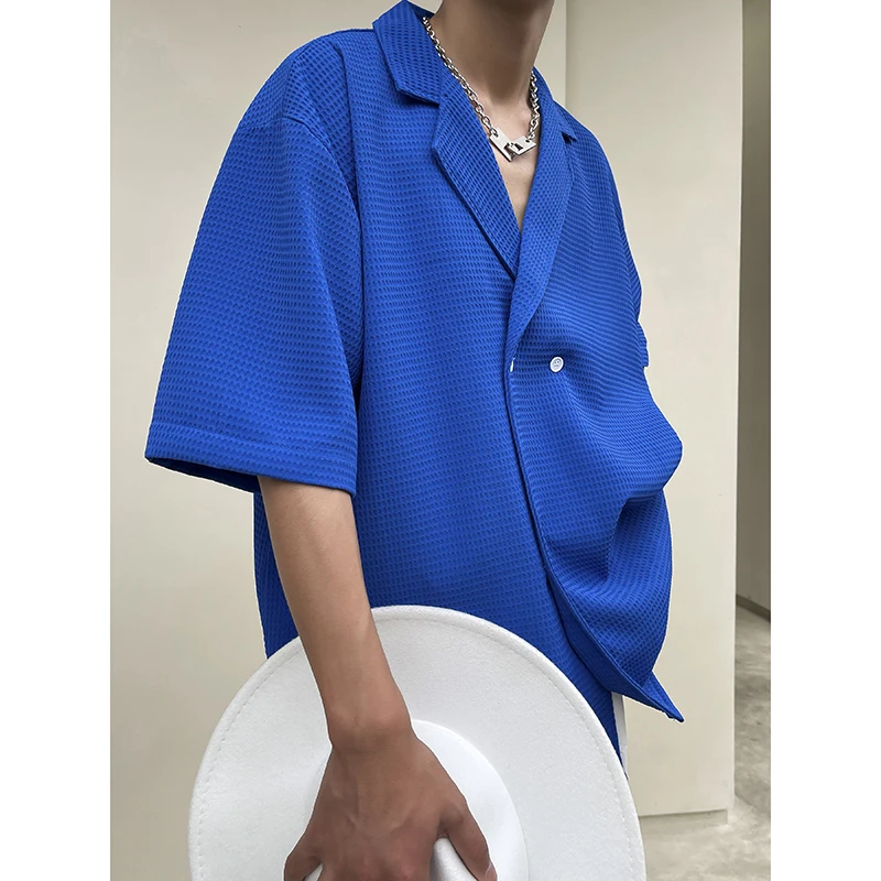 

Royal Blue Waffle Vacation Clothing Mens Summer Shirts Loose Blouse Korean Fashion Streetwear Elegant Stylish Unusual Clothes