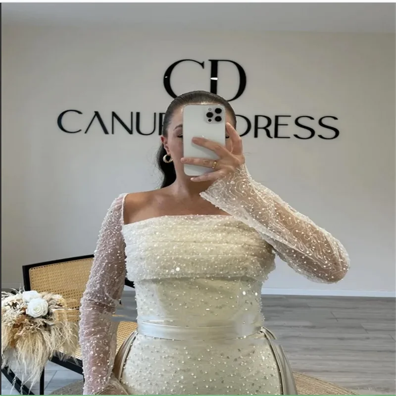 Luxuriöse Abendkleider Robes De Soirée, trägerlos, mit Pailletten, individuell gestaltet, lange Ärmel, lila, elegantes Abendkleid, Hochzeitsfeier