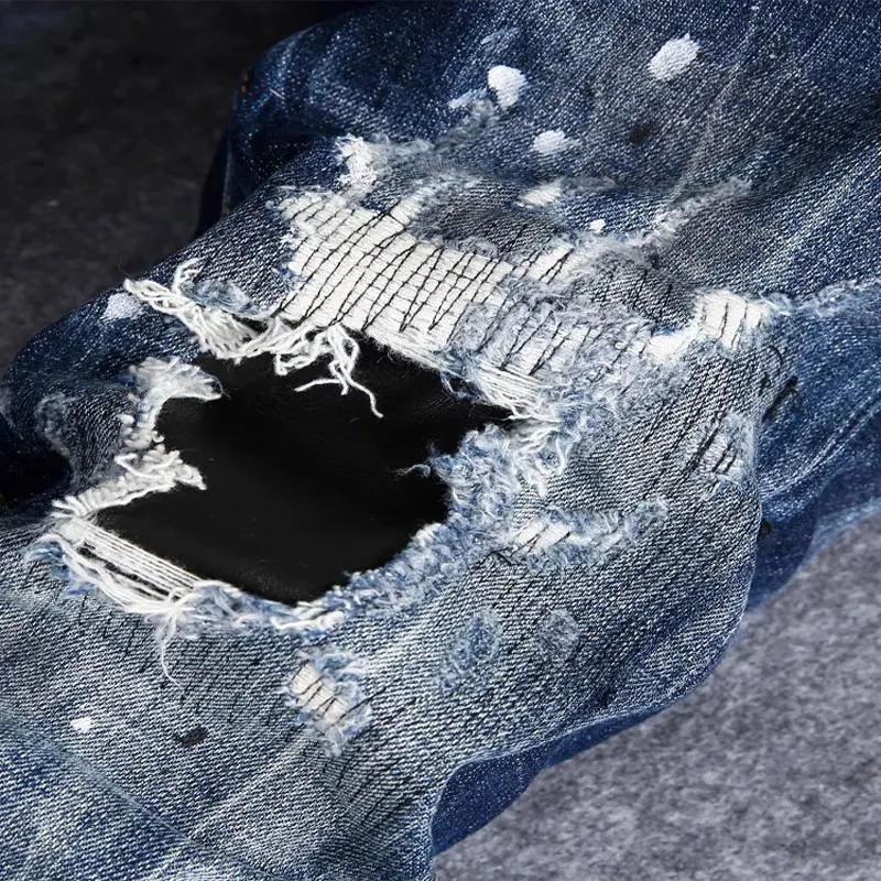 y2knew men's jeans stretch slim fit painted perforated patch washed blue jeans high street designer hip-hop brand splic