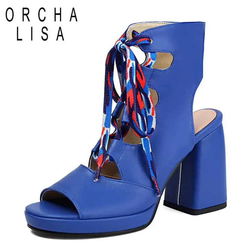 ORCHA LISA Sandal Wanita Desain Baru Hak Blok Ujung Bulat 9Cm Platform 1.5Cm Berenda Ukuran Besar 41 42 Sepatu Wanita Kencan Fashion