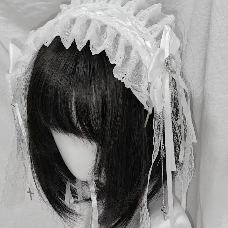 Y2K Girls Lace Headband Ornaments Vintage Black White Lace Bow Hairbands Lolita Maid Nakrycie głowy Fold Bow Eye Mask