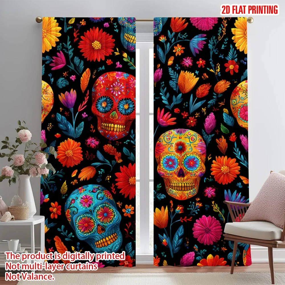 

2D flat printing 2pcs Party Curtains Day of the Dead Skulls(4) Digital Printed Polyester Drapes Seasonal Party & Holiday Decor
