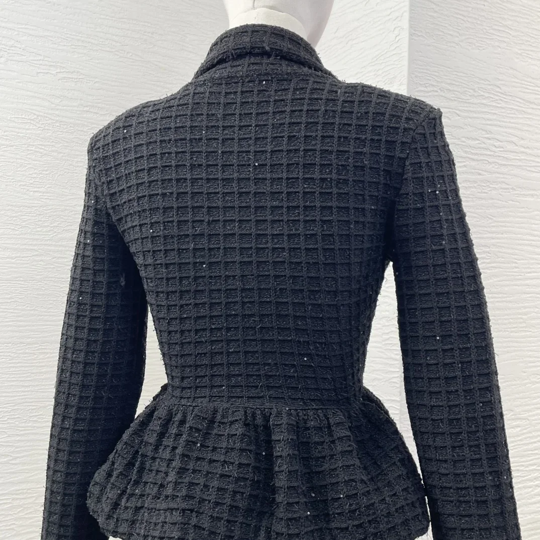 Vestido Midi ajustado de punto texturizado con volantes y manga larga negro Vintage para mujer, recién llegados de otoño e invierno