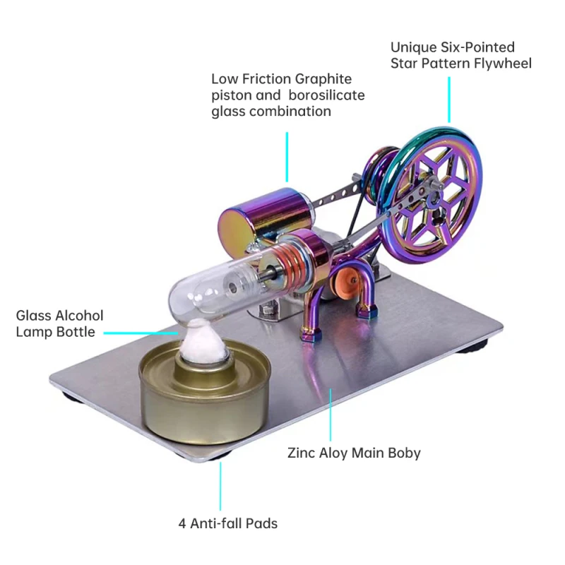 Hot Air Stirling Engine Motor Model Electricity Generator Motor with LED Bulb Six-pointed Star Pattern Flywheel Experiment Tool