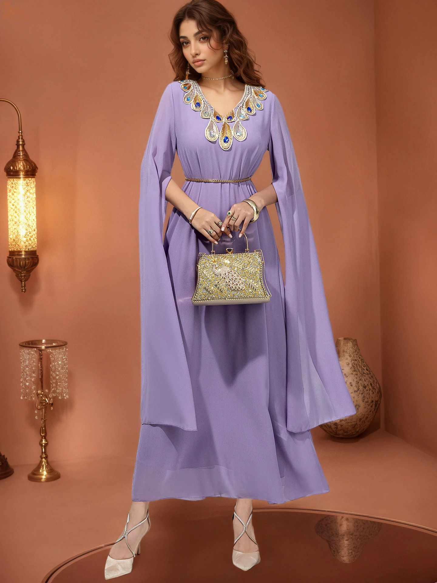 ชุดอาบายะห์ผู้หญิงแบบหรูหรา ยี่ห้อ Uni Ramadan คอวี ชุดมุสลิม คาฟตันอิสลาม ปักลายชาติพันธุ์ ประดับลูกปัดทำมือ ชุดราตรี