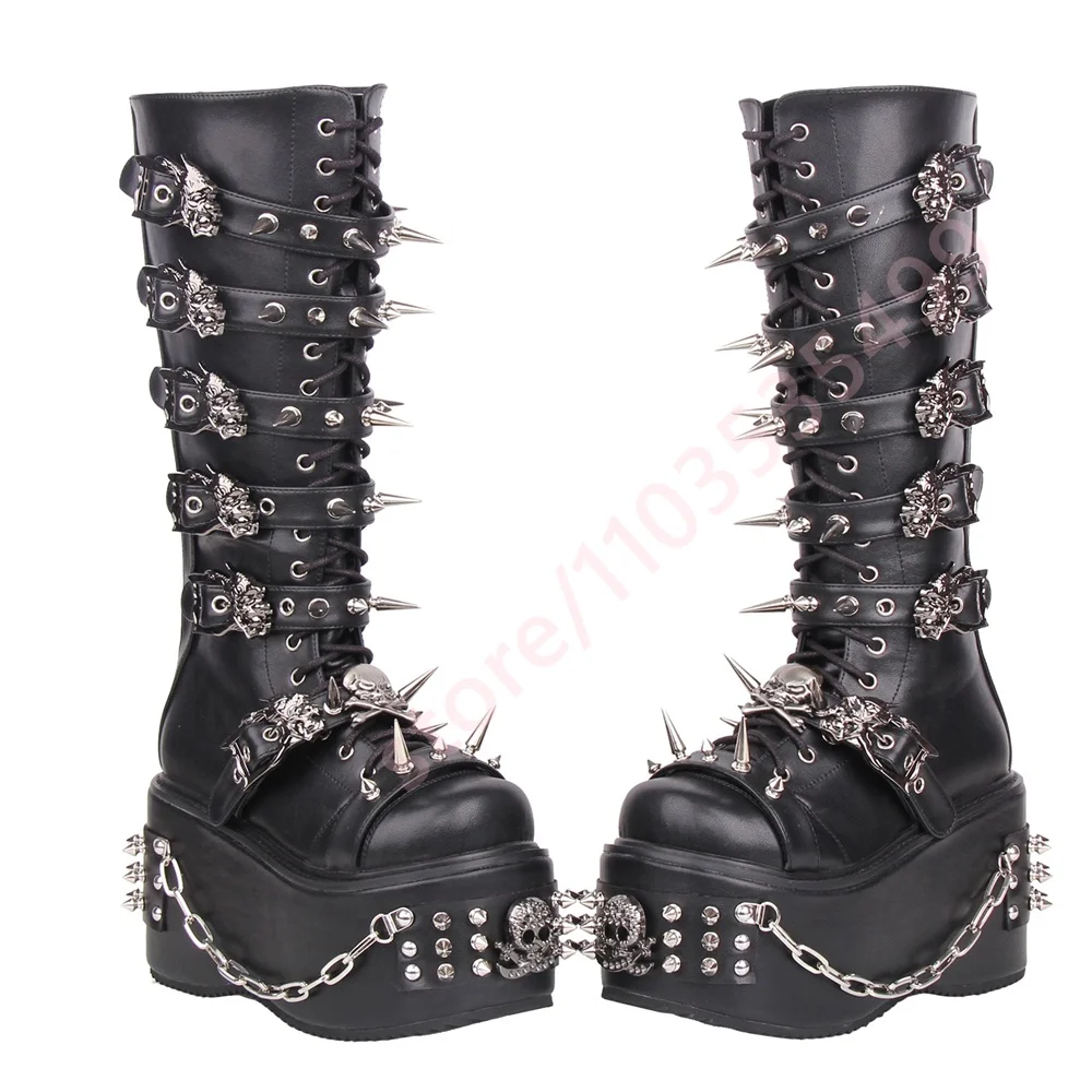 Black Platform Punk Studded Buckle Boots 2025 Round Toe New Street Rock Gothic Motorcycle Boots Fashion Party Casual Stage Boot
