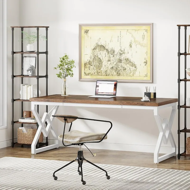 Executive Desk,Office Computer Desk with Extra Thick Wooden Tabletop and Metal Frame,Modern Workstation Writing Table Study Desk