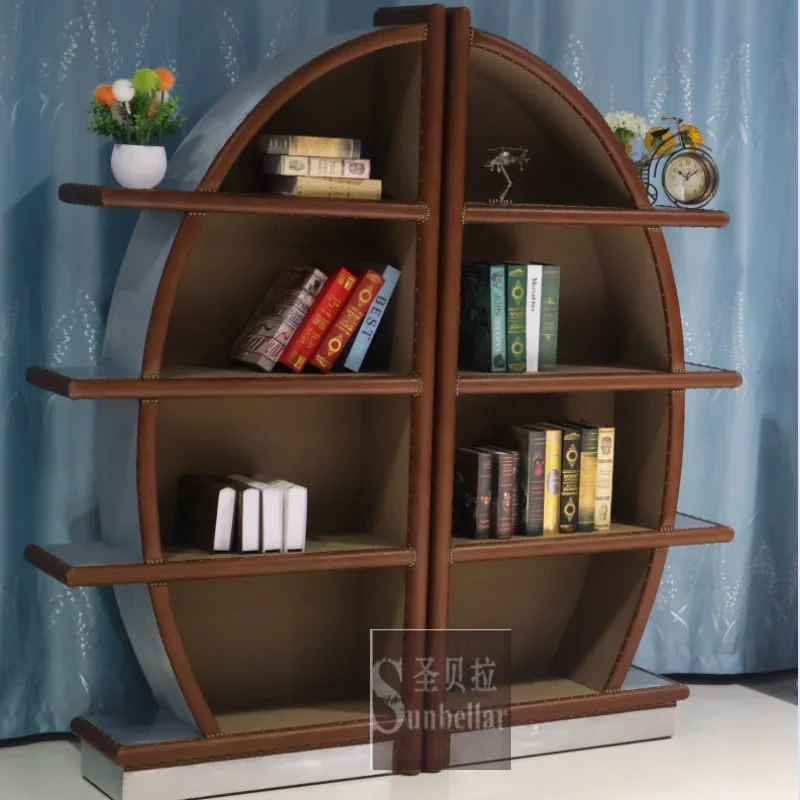 Loft Industry Bookshelf Stand Metal Aluminium Vintage Brown Genuine Leather Bookshelf Design Sailing Boat Shape Display Cabinet