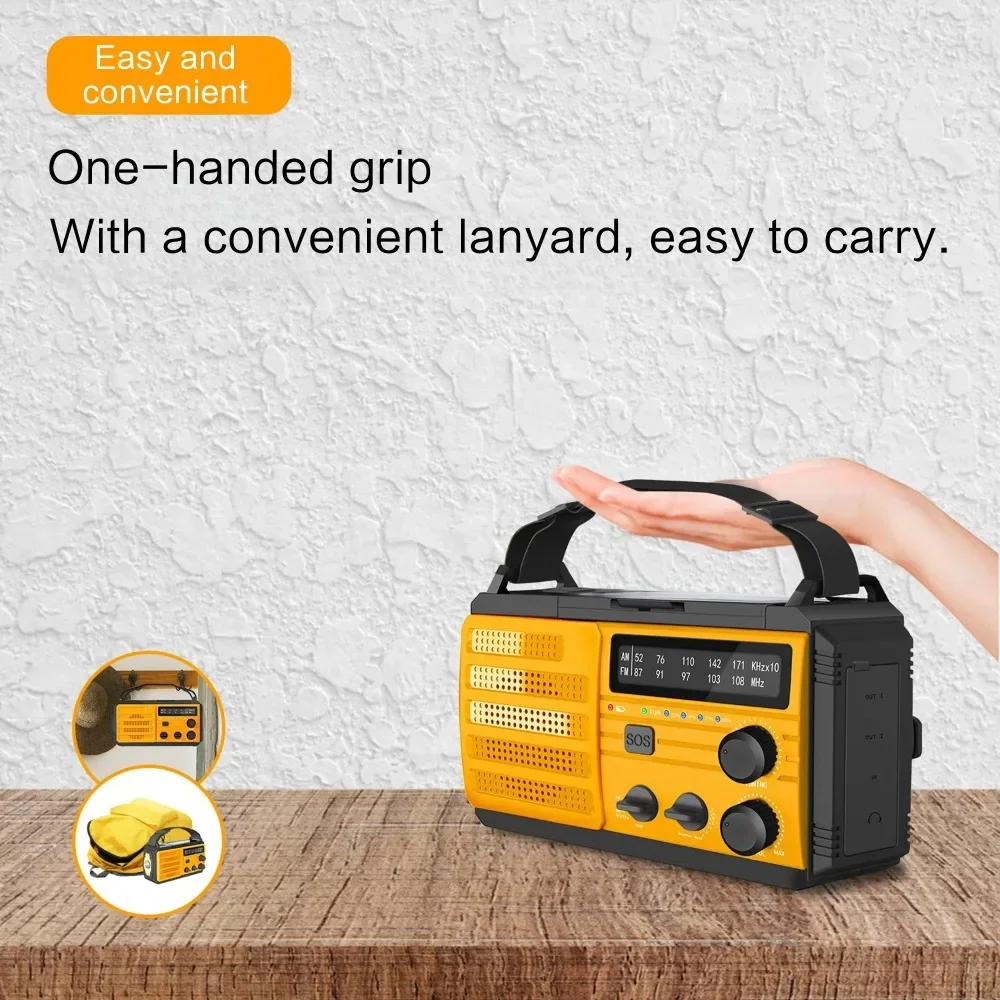 Hand Crank Portable Solar Emergency Weather Radio Flashlight, Rechargeable Battery Powered Radio, USB Charger, Flashlight, SOS
