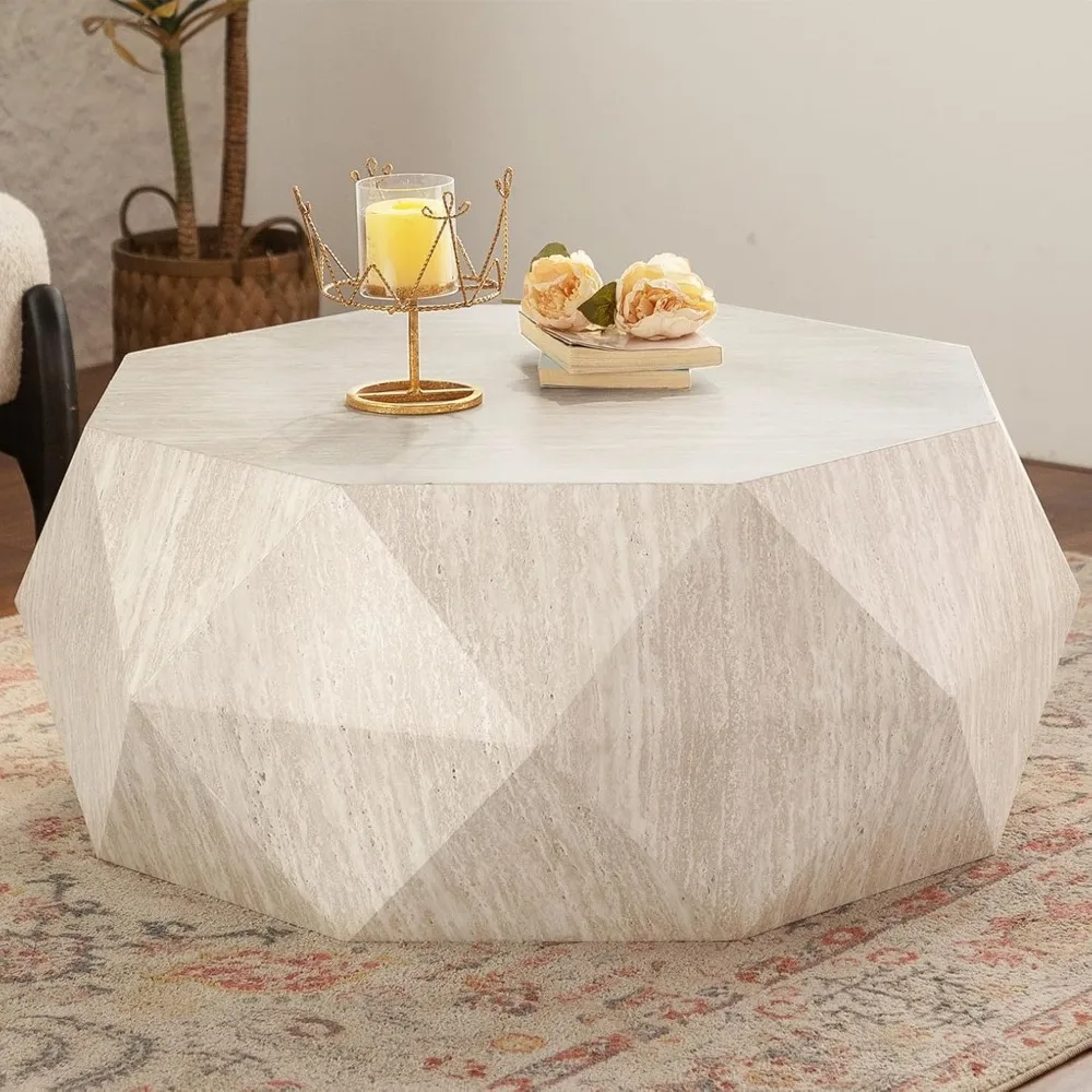 

Drum-Shape Wood Coffee Table with Diamond Pattern Faux Travertine Grain Center Table Creative Modern Coffee Table for Liv