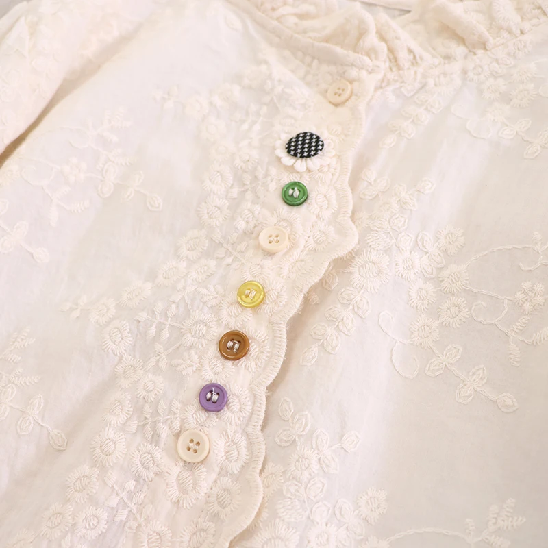 Mori Kei Clothing Embroidery 100% Cotton Shirts Women Spring New Stand Collar Long Sleeve Solid Color Casual Loose Blouse Tops