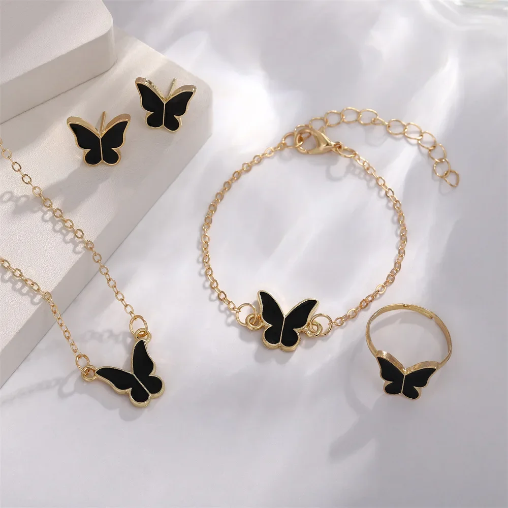 4 Styles Enamel Colorful Butterfly Pendant Necklace for Women Girls Wedding Party Jewelry Set Chain Bracelet Stud Earrings Ring