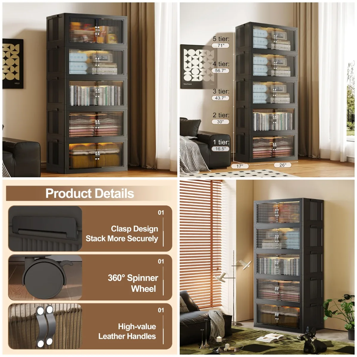 

Stackable Storage Bins with Lid, Foldable Closet Organizers, Black 26' W x 17' D x 71' H